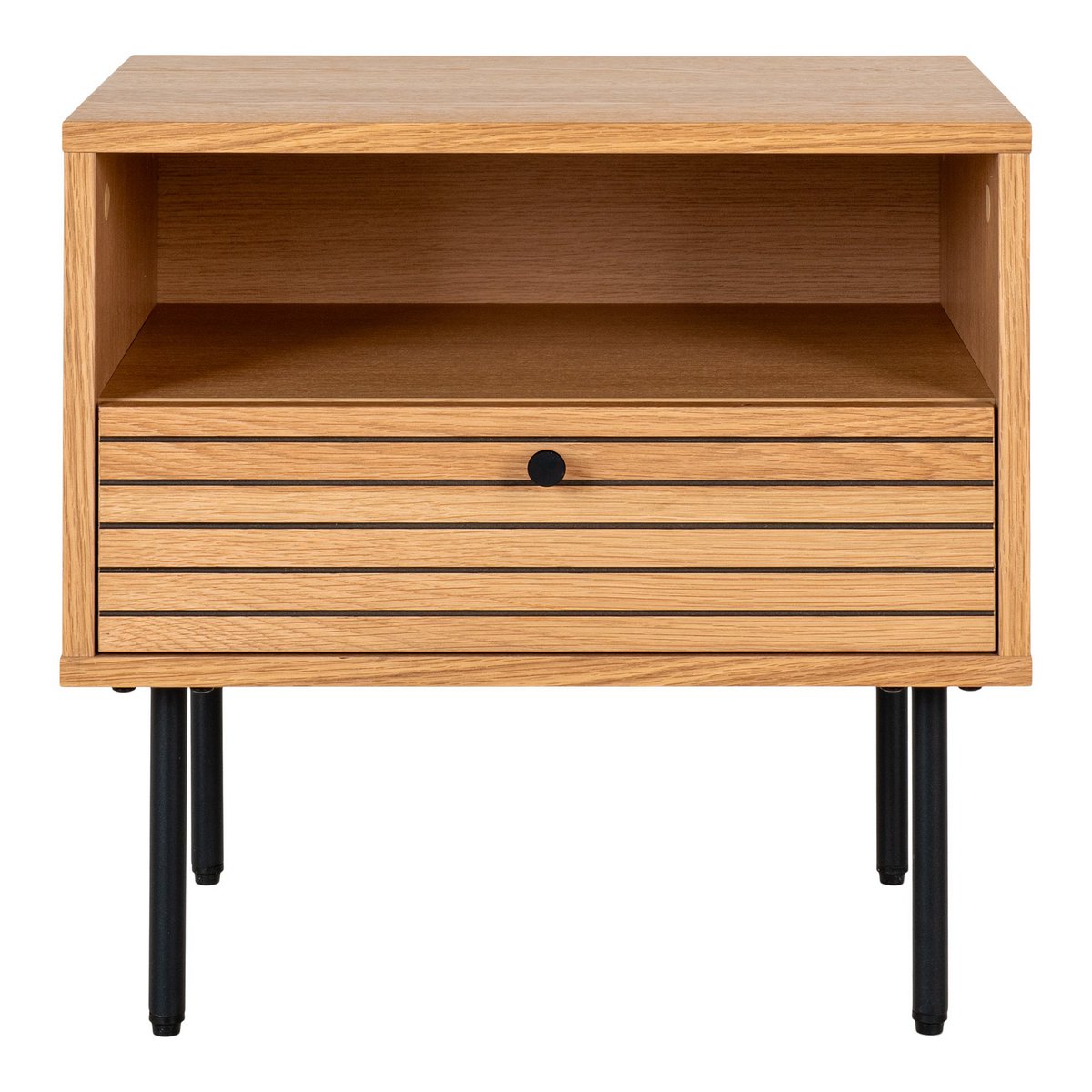 KYOTO - Table d'appoint, placage chêne, pieds métal noir, 1 tiroir, 50x40x50 cm