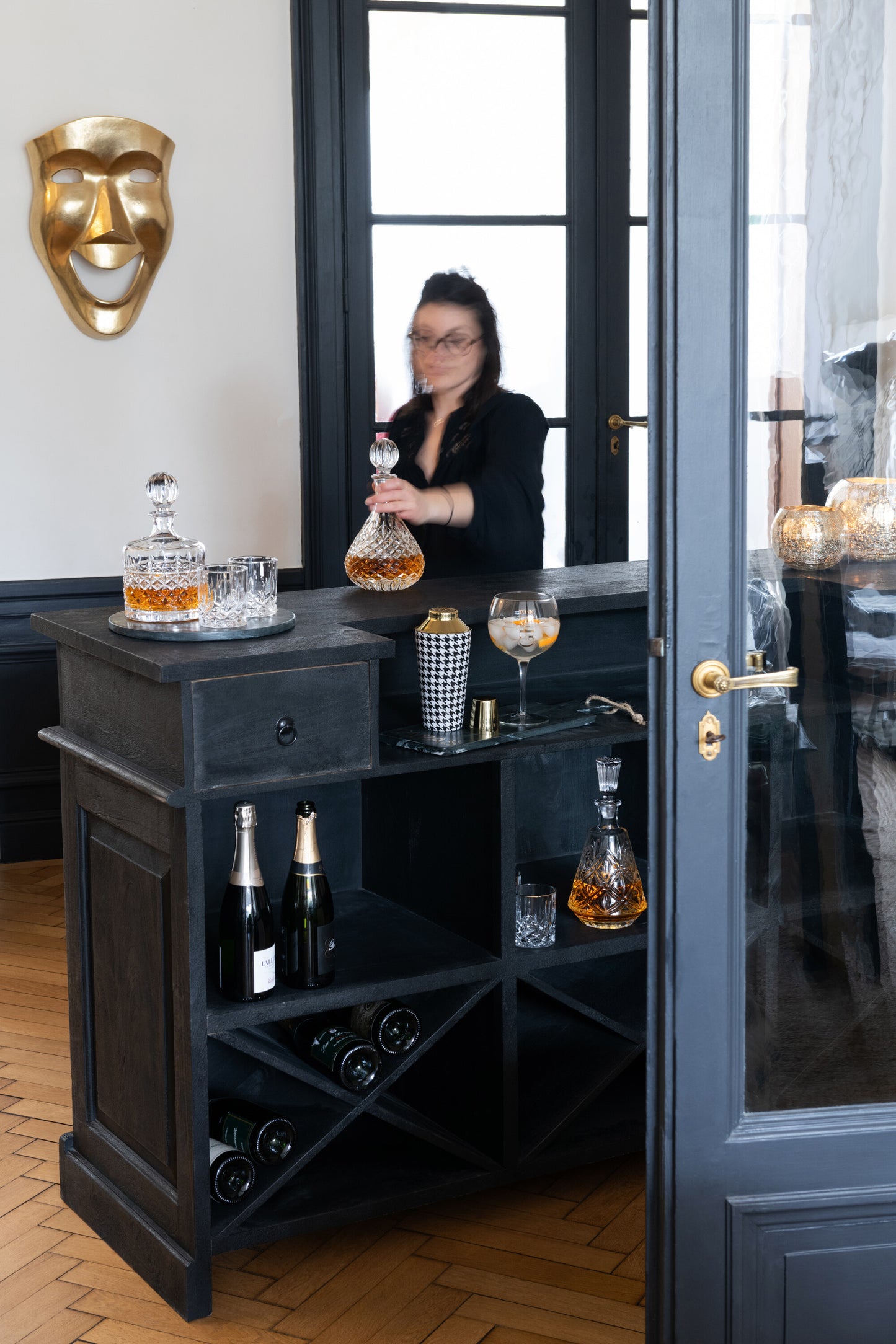 BAR - 2 Tiroirs bois de manguier - Noir L 180 cm