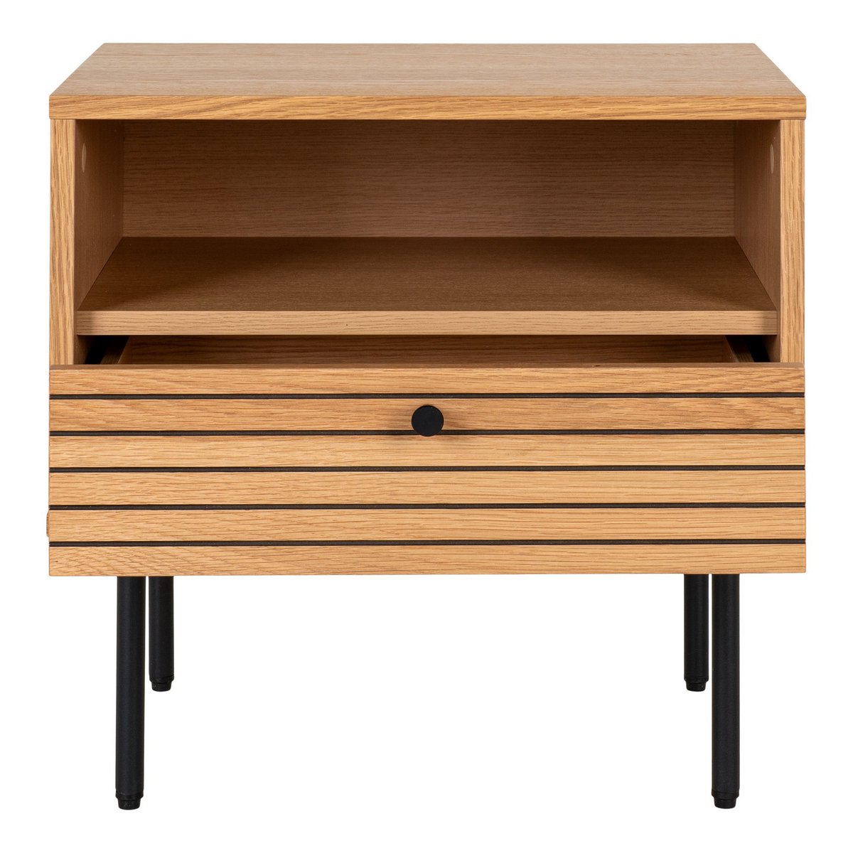 KYOTO - Table d'appoint, placage chêne, pieds métal noir, 1 tiroir, 50x40x50 cm