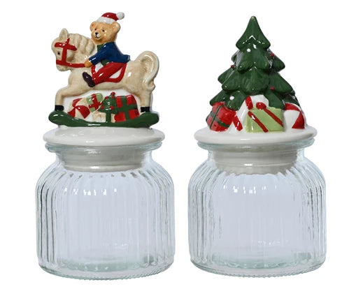 Bocaux rond en verre bouchons cheval/sapin - lot de 2