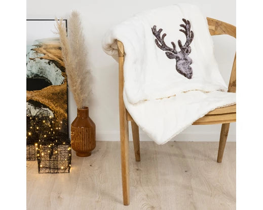 CERF - Plaid polyester flanelle fausse fourrure broderie tête cerf