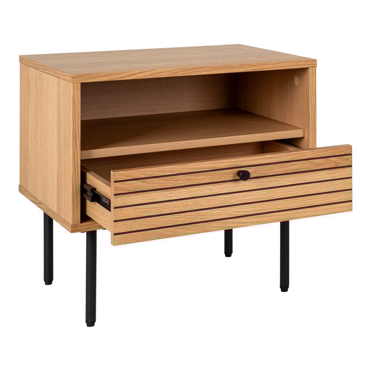 KYOTO - Table d'appoint, placage chêne, pieds métal noir, 1 tiroir, 50x40x50 cm