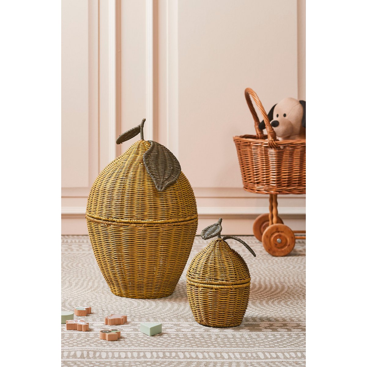 LEMON - Panier en forme citron avec couvercle - Lot de 2 - H48 x Ø30 cm - Rotin - Jaune