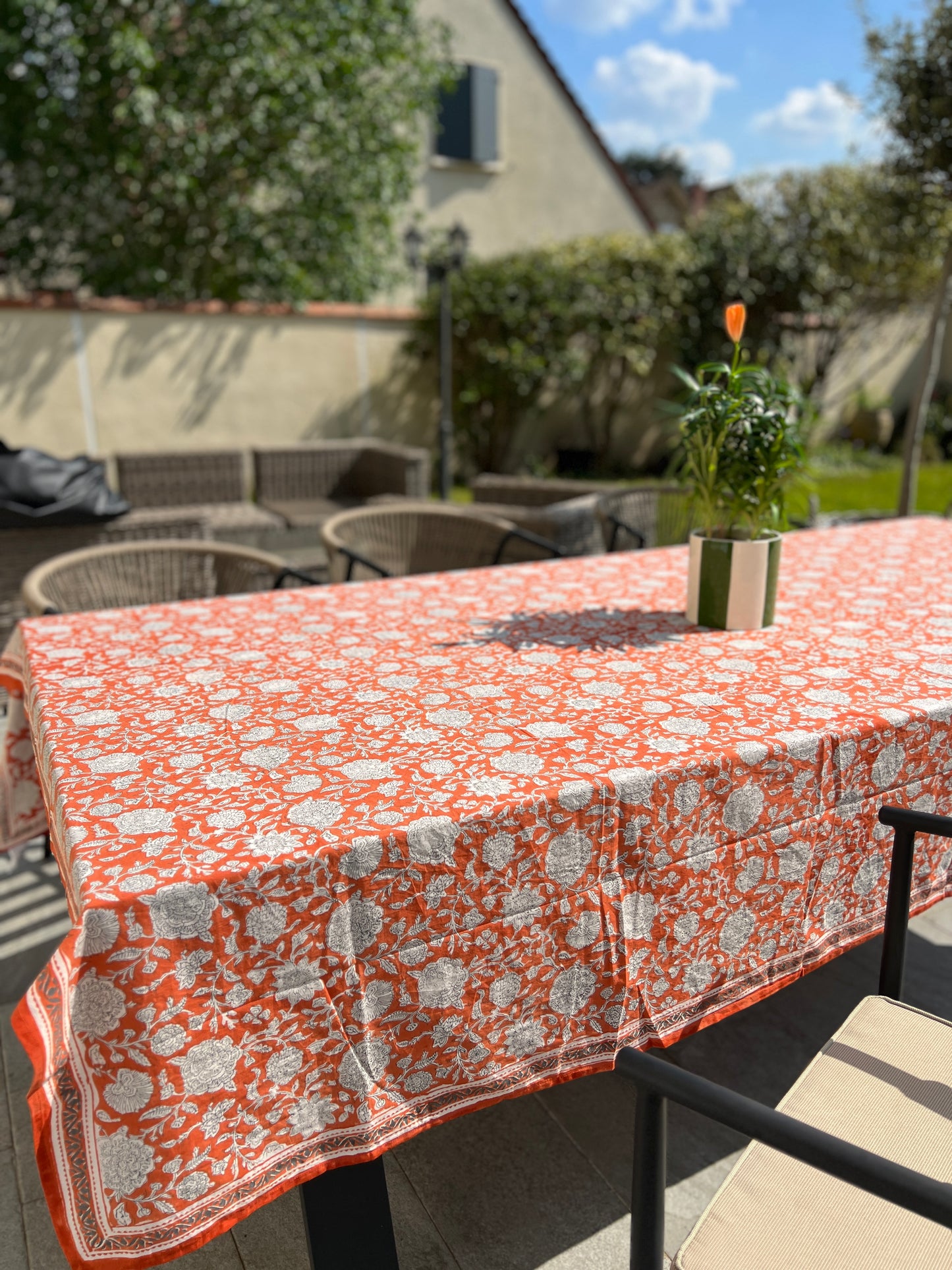TUPIA - Nappe indienne à imprimé floral orange Terracotta - 170 x 300 cm