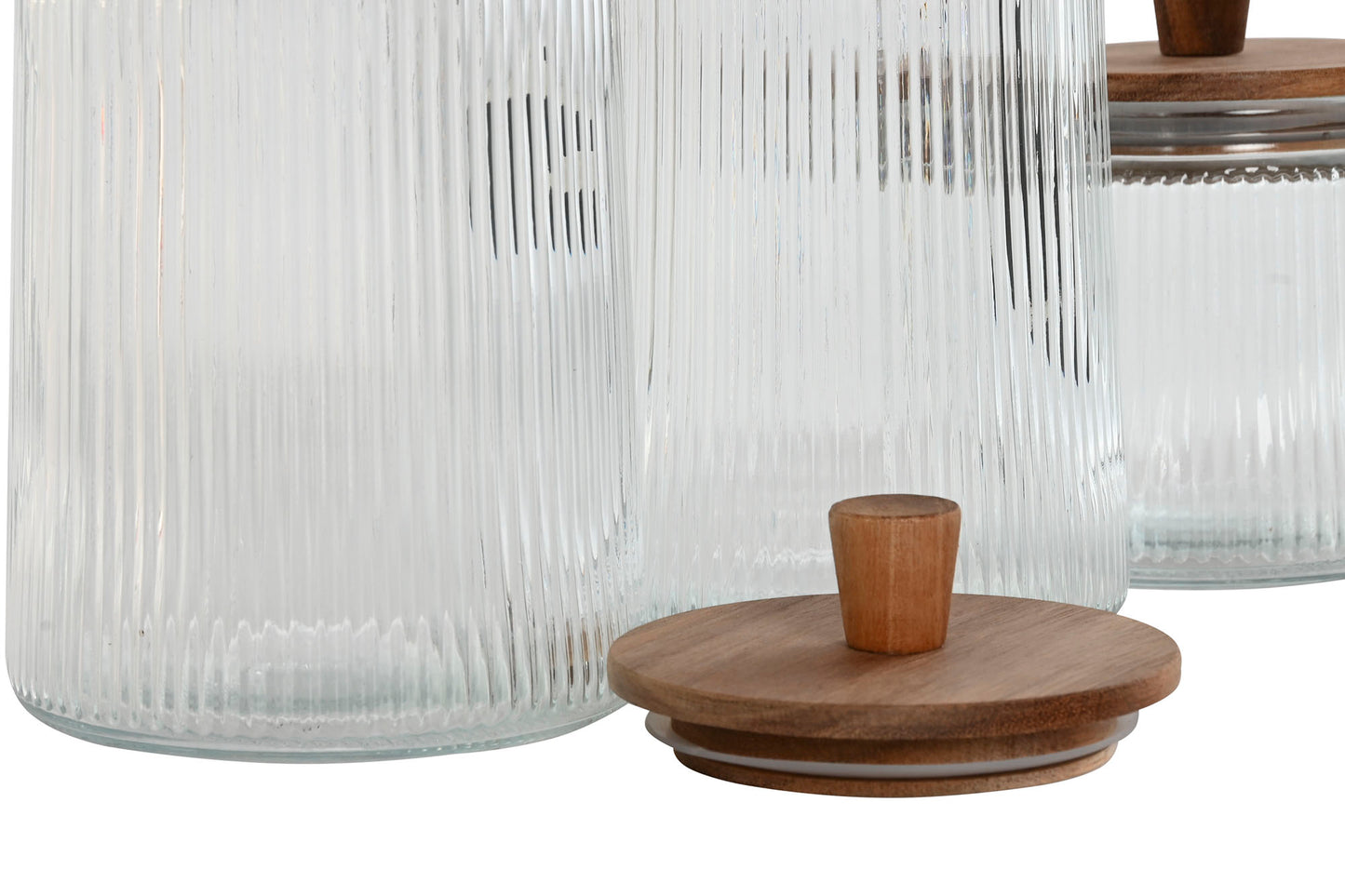 SET DE 3 POT - Verre strié /couvercle acacia - 1,8 L