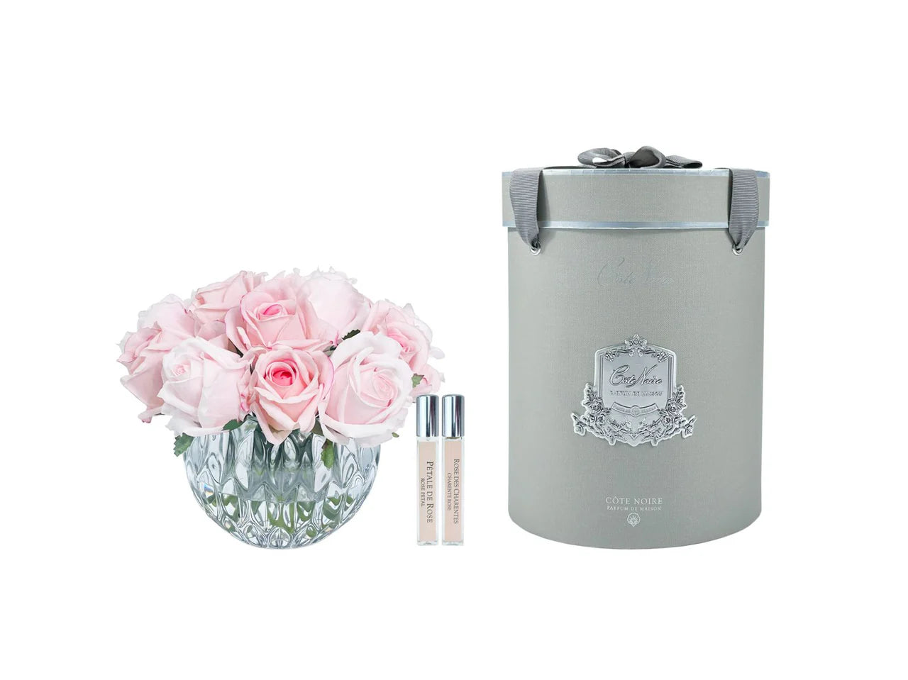 Bouquet rond Luxe bourgeons de roses rose mélangé vase transparent