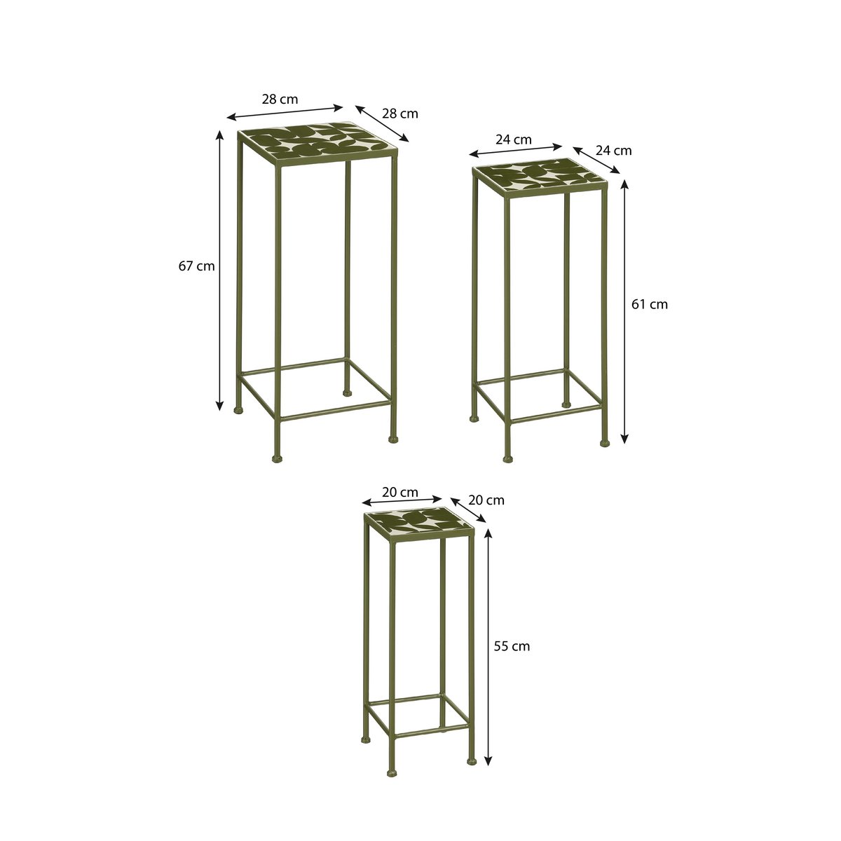 Table d'appoint Bologne à l'extérieur - Ensemble de 3 - L28 x B28 x H67 cm - Métal - vert foncé