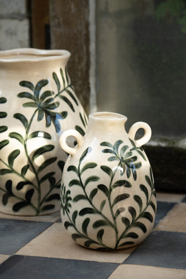 LEAVES Vase en grès feuilles vert foncé/beige