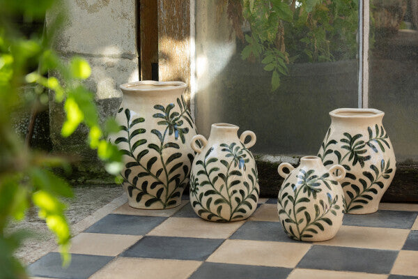 LEAVES Vase en grès feuilles vert foncé/beige