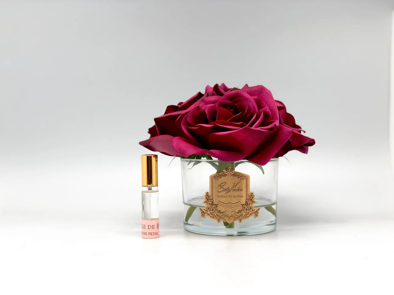 5 roses rouge carmin vase transparent