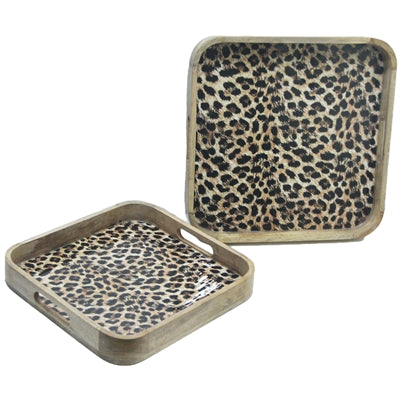 LEOPARD Plateau carré en bois de manguier émaillé (2 tailles au choix)