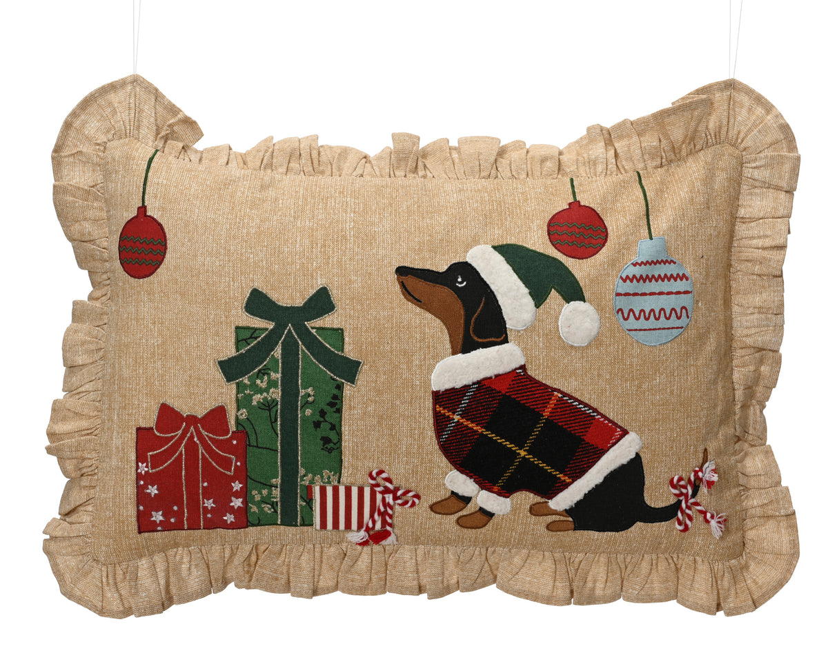 TECKEL Coussin broderie de Noël touffetage et volant