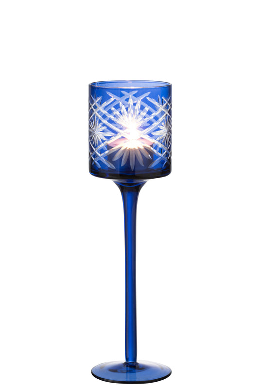 SANTORINI - Photophore Pied Verre Bleu - H 25 cm
