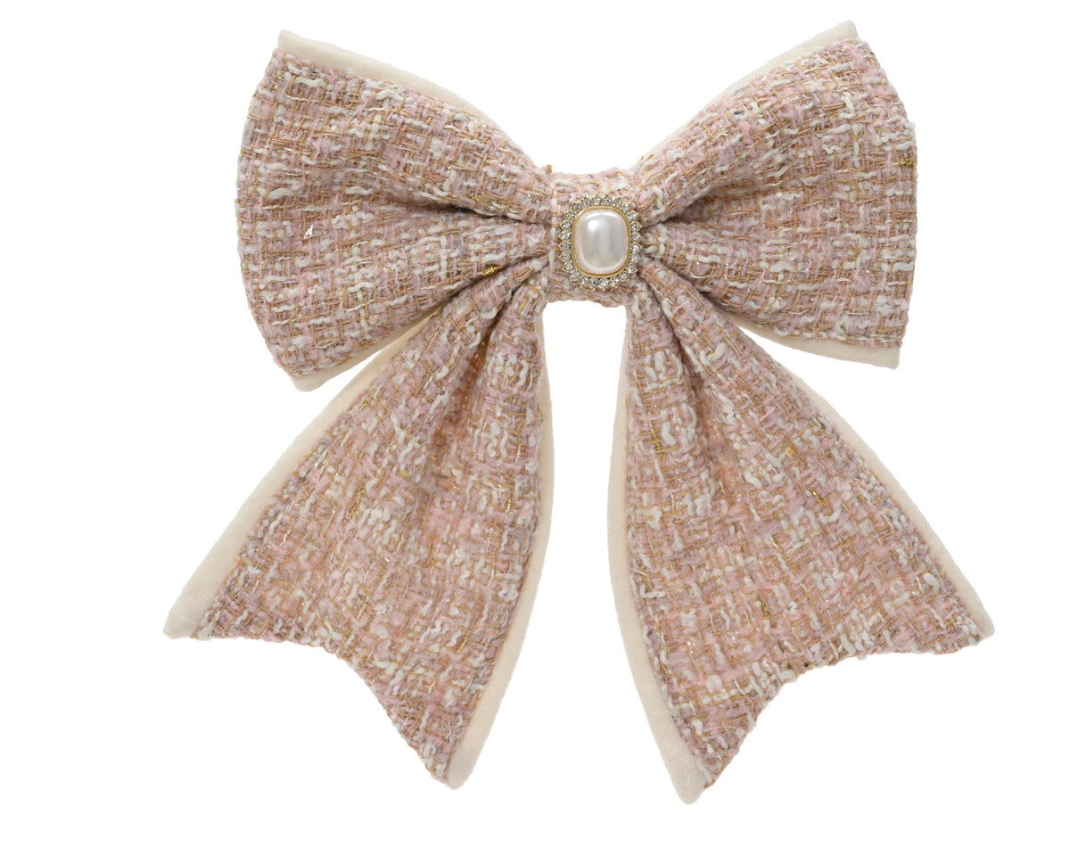 NOEUD rose polyester sur clip strass