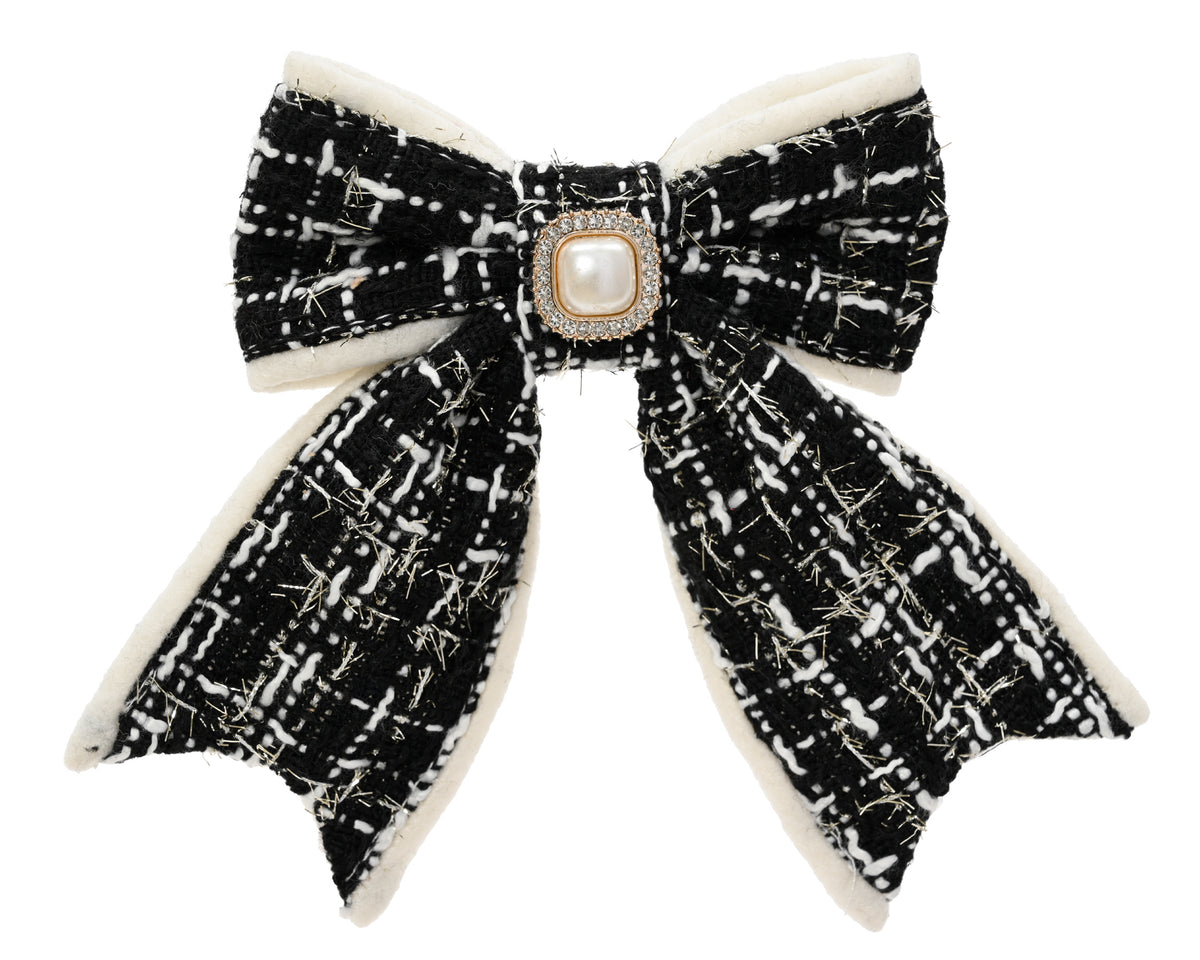 NOEUD tweed noir crème et strass