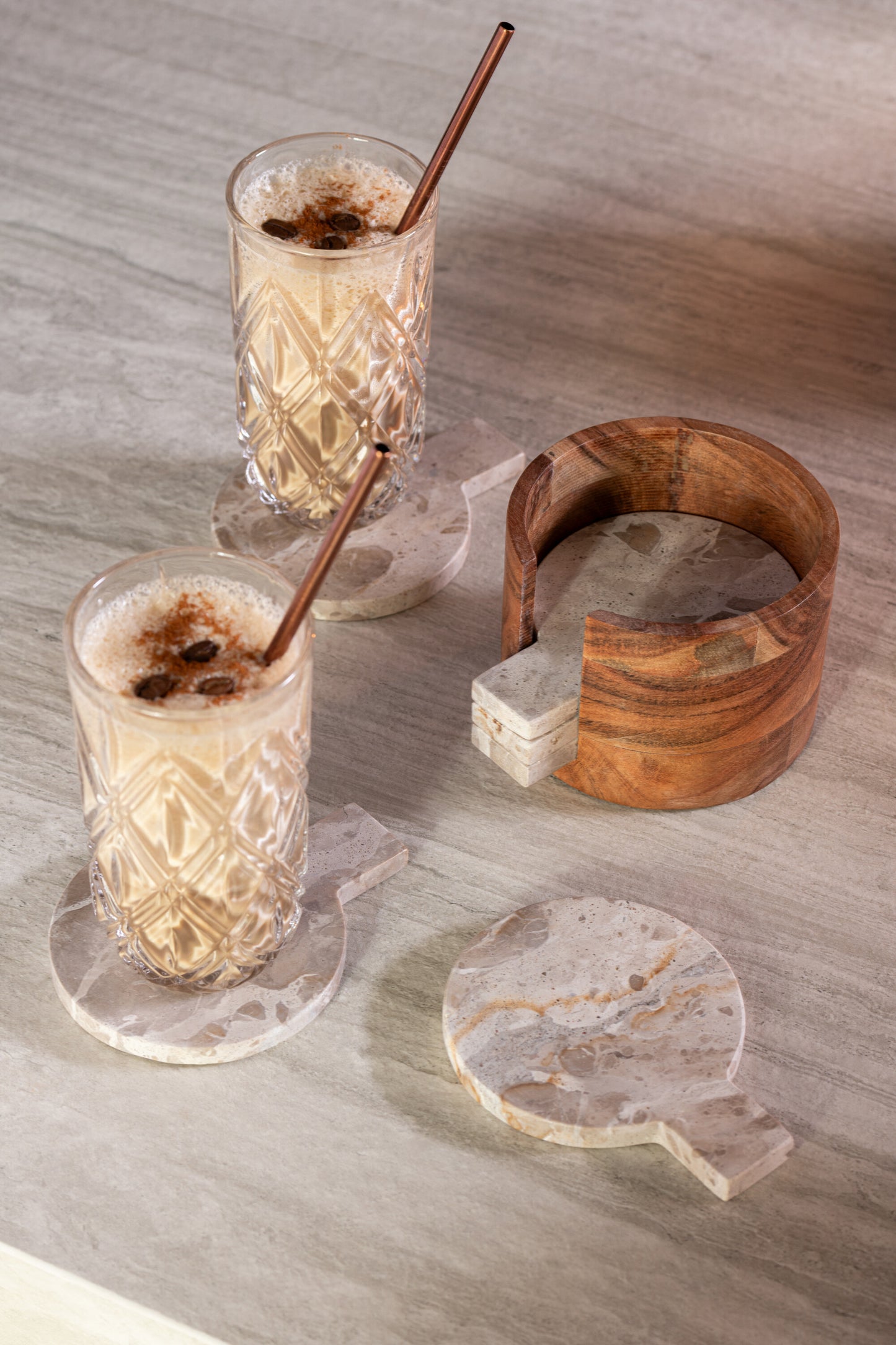 Boite de 4 sous-verre marbre bois acacia