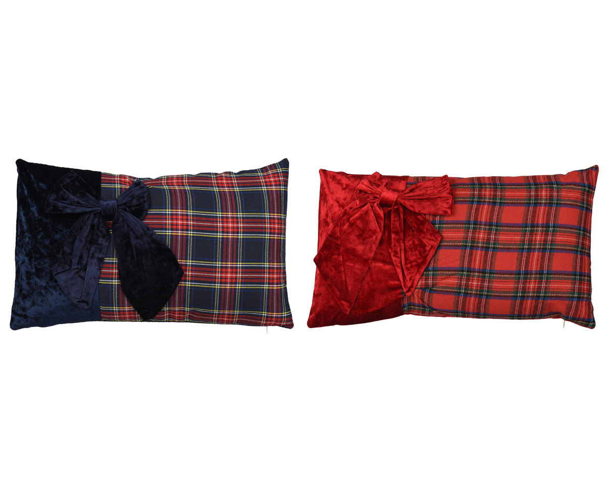 TARTAN Coussin tartan noeud velours bleu ou rouge