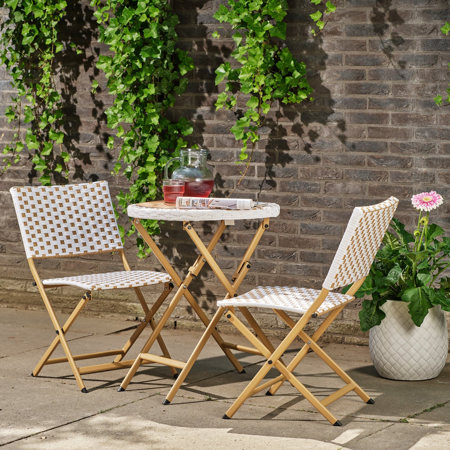 BELLANO Ensemble 3 pièces résine tressée blanc/beige outdoor