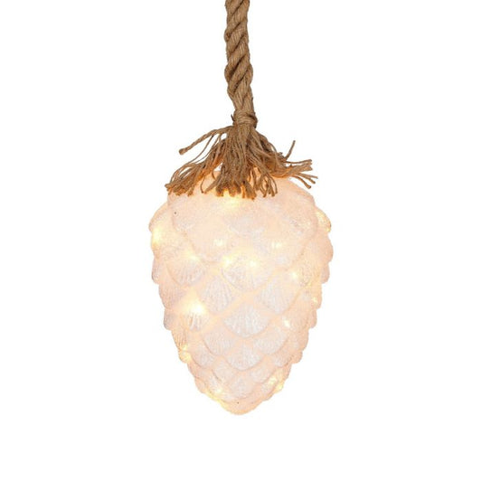 POMME DE PIN - blanc givré sur corde - D 15 cm