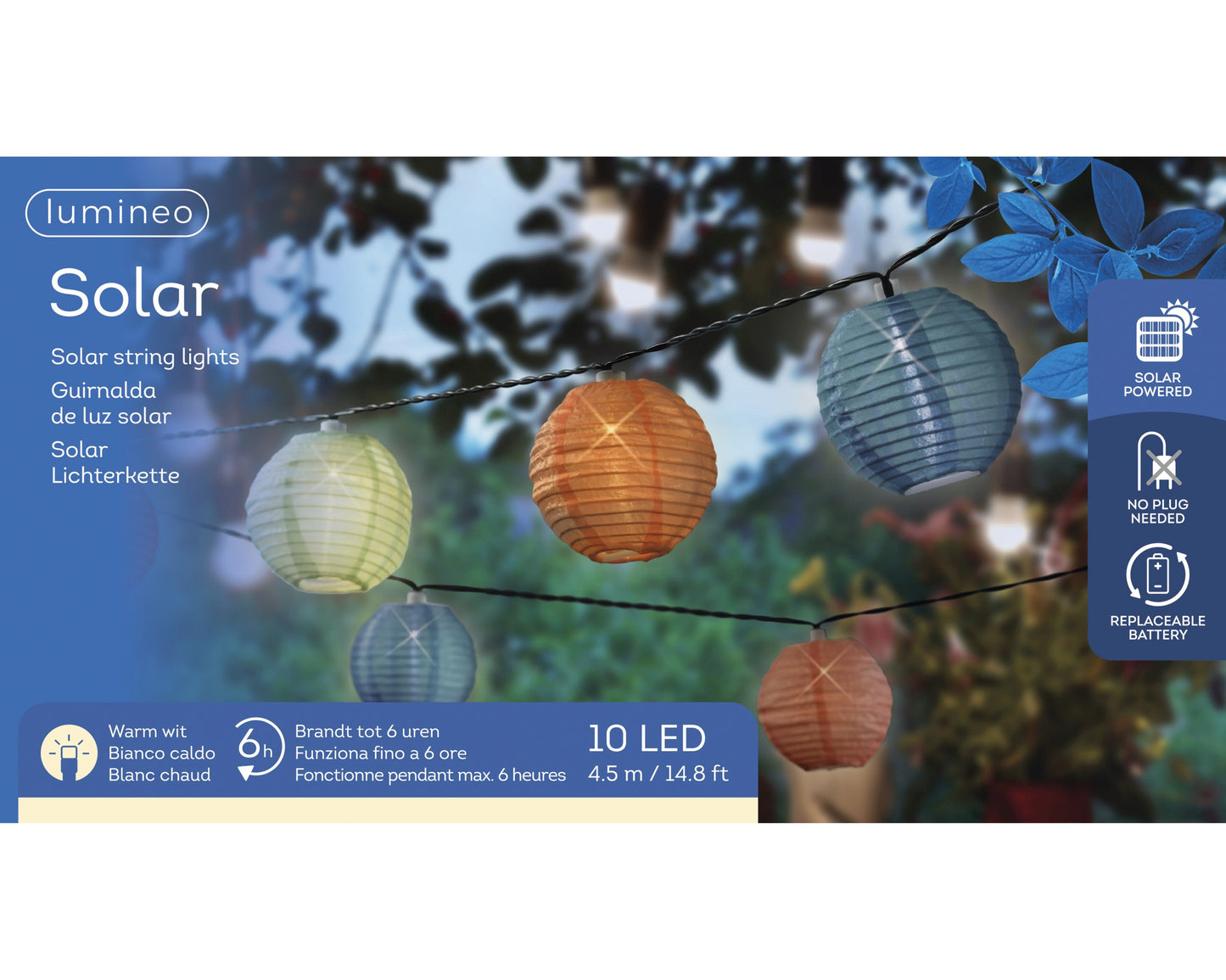 LAMPIONS SOLAIRE - Lampions multicolores blanc chaud 10 led 450 cm