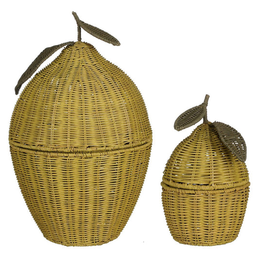 LEMON - Panier en forme citron avec couvercle - Lot de 2 - H48 x Ø30 cm - Rotin - Jaune