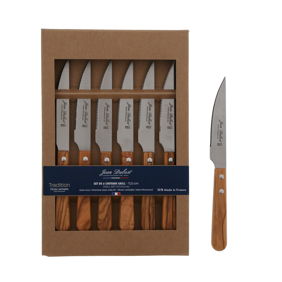 Coffret 6 couteaux grill manche bois olivier