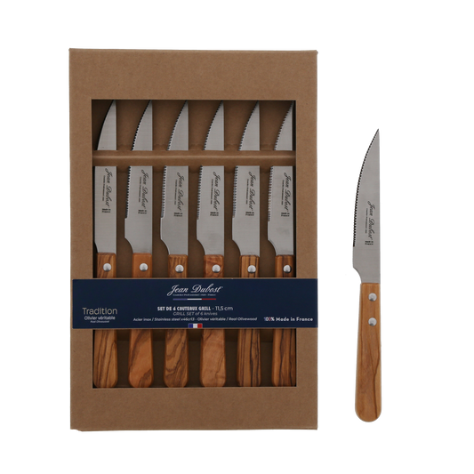 Coffret 6 couteaux grill manche bois olivier