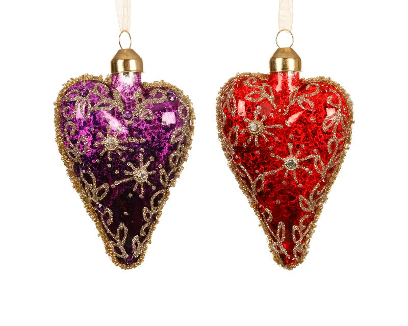 Coeur en verre brillant antique de couleur rouge - Déco de Noël