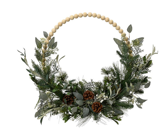 Couronne de noël paillette pomme de pin baies vert et blanc - D 60 cm