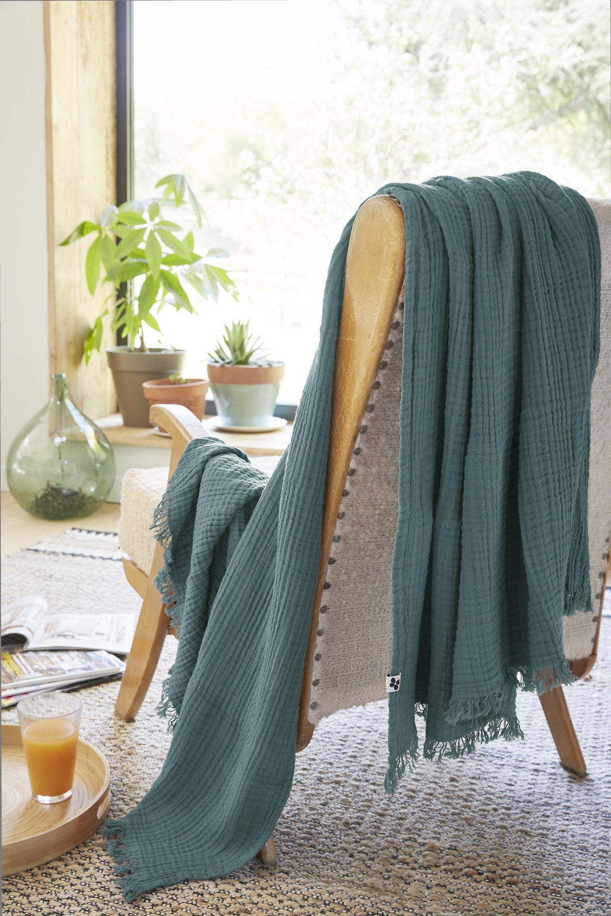 GAIA PLAID gaze de coton bleu canard