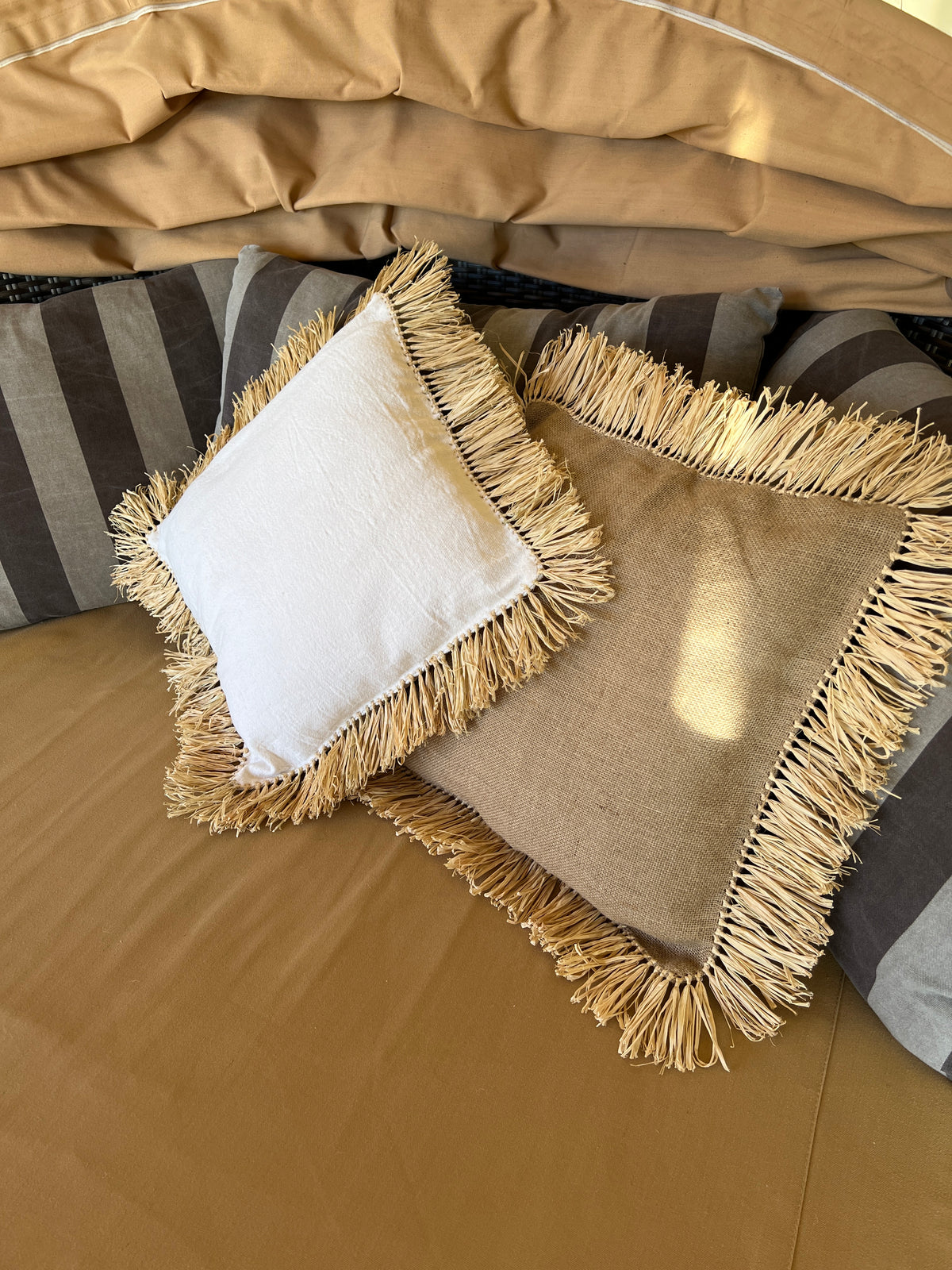 Housse De Coussin Effet Raphia Bi-Colore Rayures Rectangle 50x30cm - Déco Intérieur Extérieur