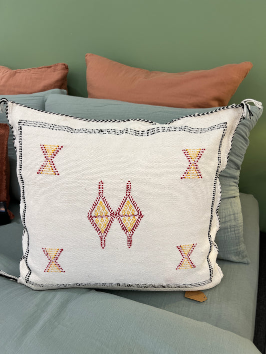 Coussin Berbère - Ecru/rouge jaune - 45 x 45 cm environ