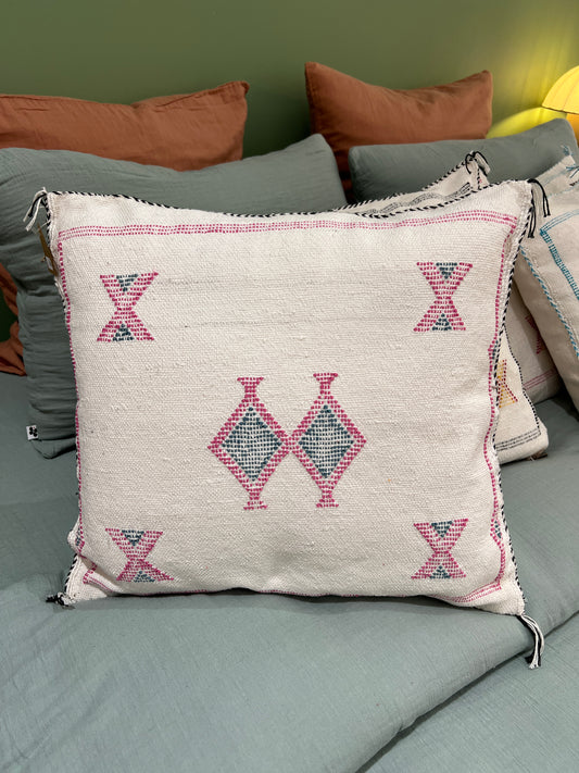 Coussin Berbère - Ecru/rose noir - 45 x 45 cm environ