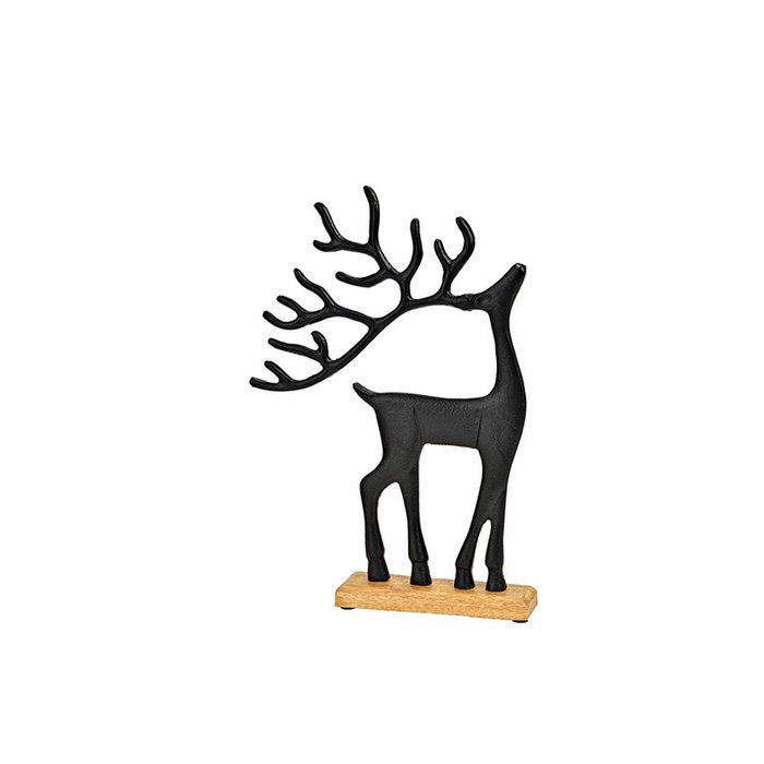 Cerf métal noir socle en bois de manguier  - Hauteur 33 cm