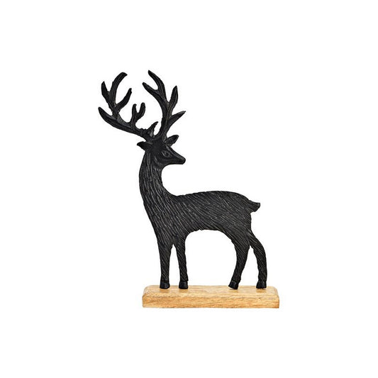 Cerf debout sur socle en bois de manguier en métal noir - Hauteur 26 cm