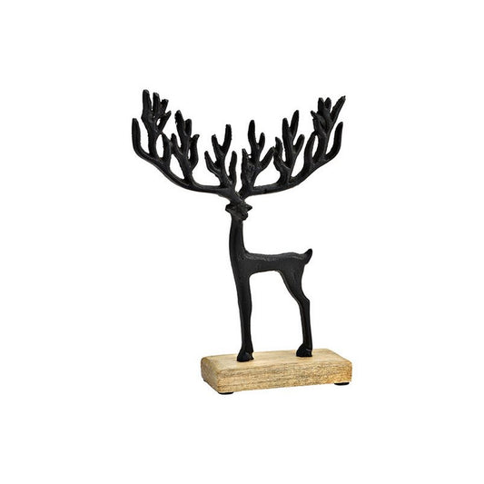 Cerf debout sur socle en bois de manguier en métal noir - Hauteur 22 cm