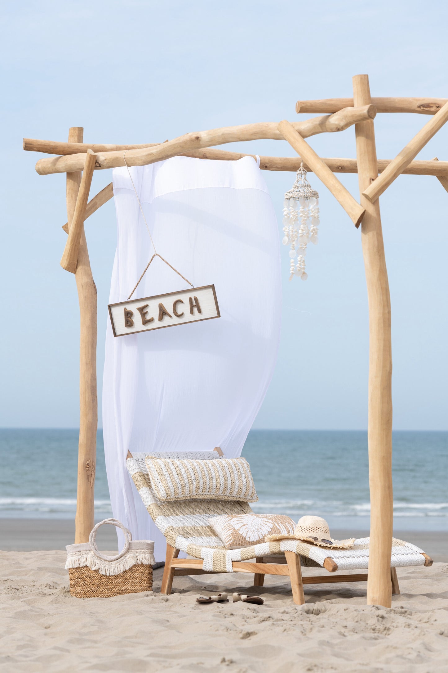 Transat + Coussin Rayures Tissé Plastique/Teck Blanc/Naturel