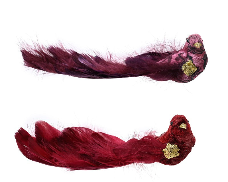 Oiseau plumes rouge sur clip et paillettes