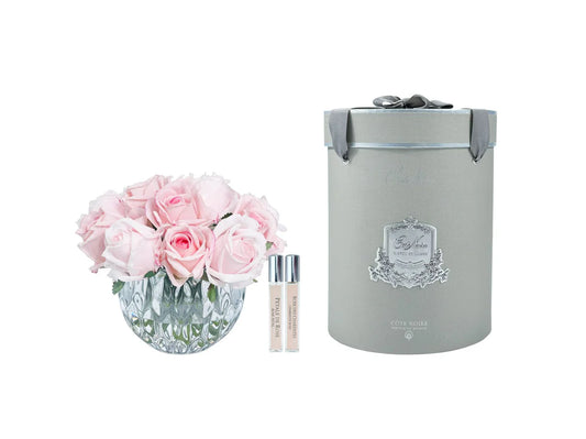 Bouquet rond Luxe bourgeons de roses rose mélangé vase transparent