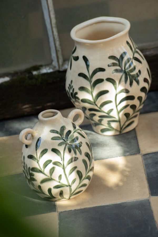 LEAVES  Vase en grès feuilles vert foncé/beige