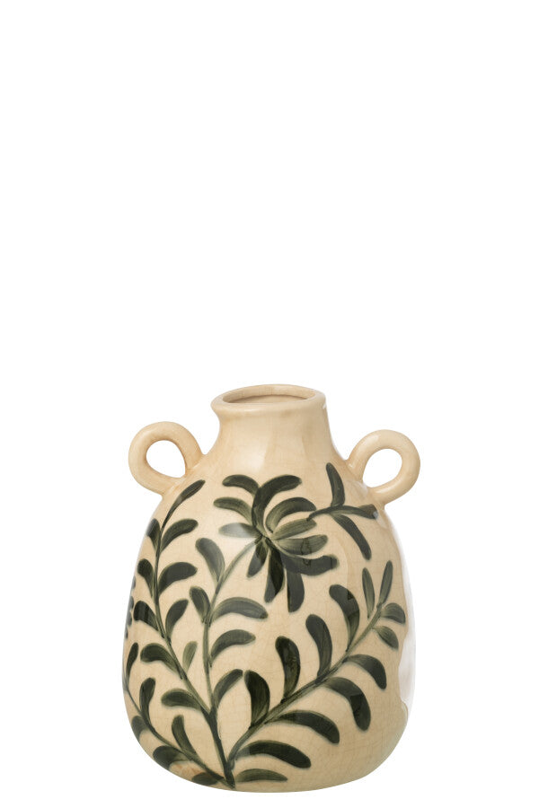 LEAVES  Vase en grès feuilles vert foncé/beige