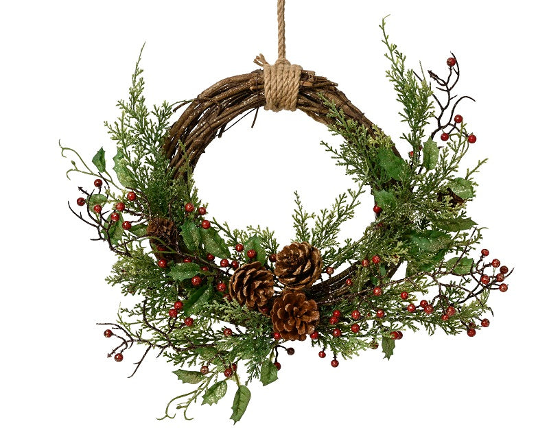 Couronne décorative à paillettes baies rouges pour Noël D 30 cm