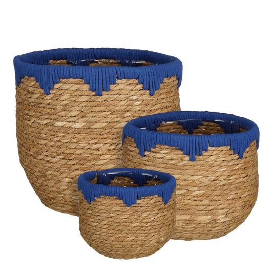 JORCK Panier à Plantes  - Lot de 3 - H24 x Ø26 cm - Jonc de Mer - Bleu, Marron