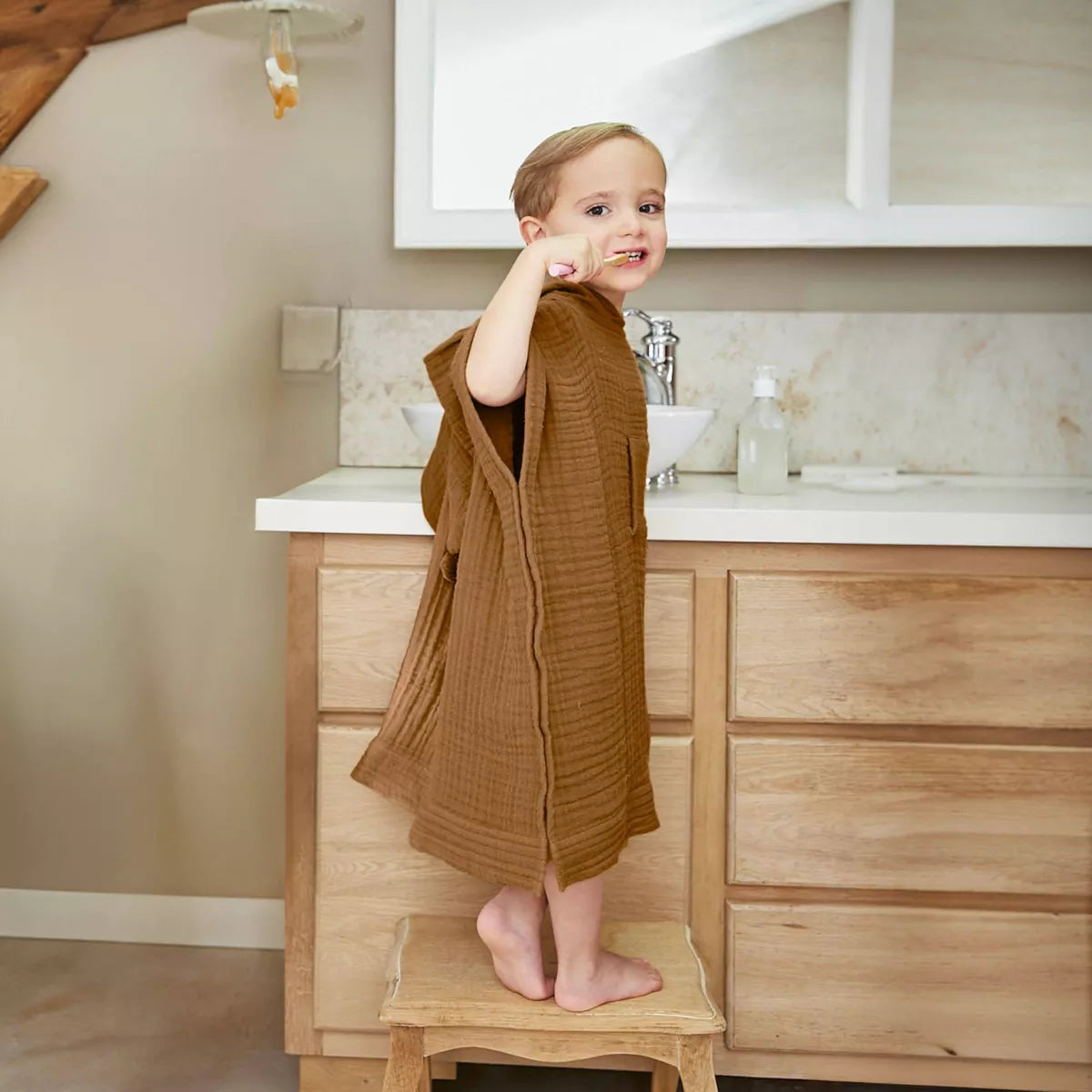 PONCHO de bain enfant gaze de coton 2/5 ans Camel