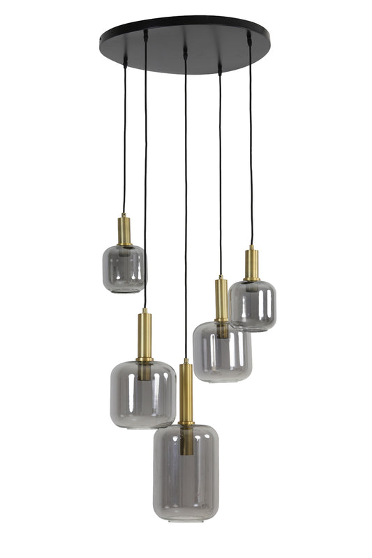 LEKARE suspension bronze et verre fumé (5 lampes)