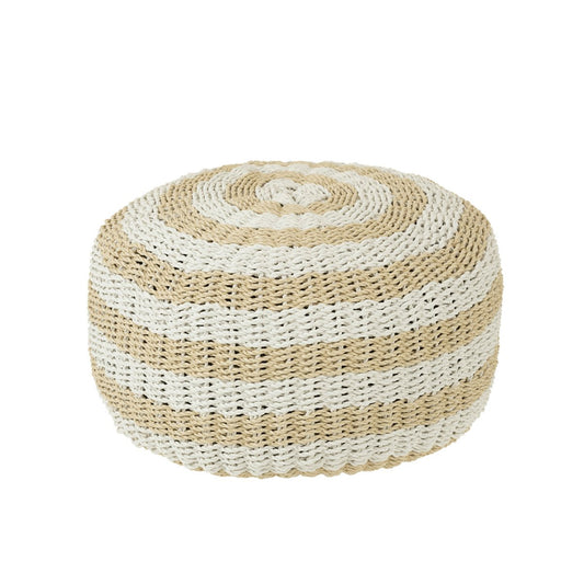 Pouf Rond Rayures Résine Plastique Tissé Blanc/Naturel